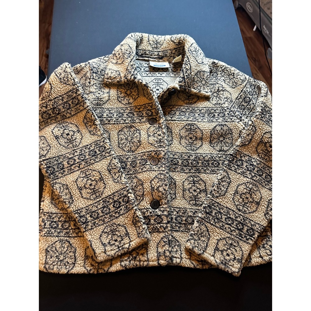 Wrangler Riata Fleece Jacket Womens M Southwestern Sherpa Button Up Tan Black